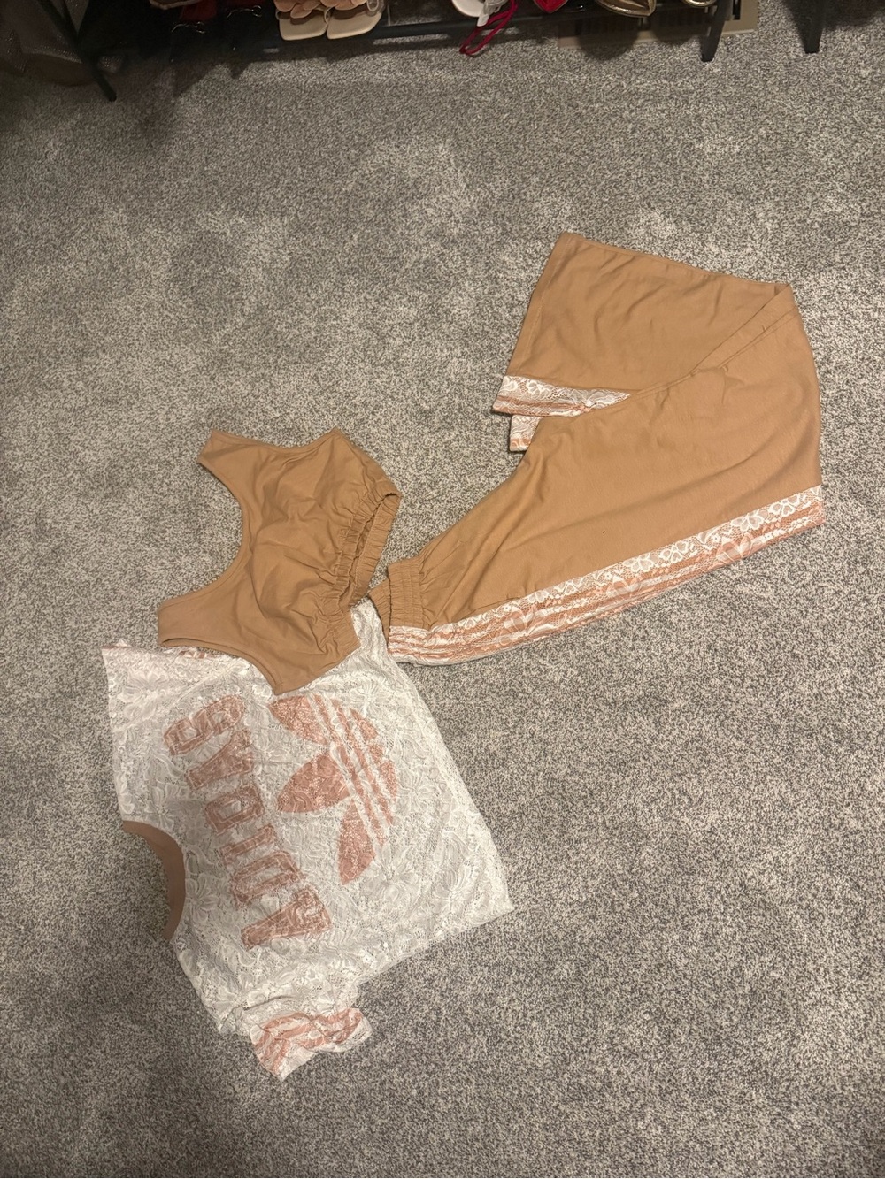 adidas 3 Pieces Lace Crop Tee & Lounge Pants Set in Tan and White